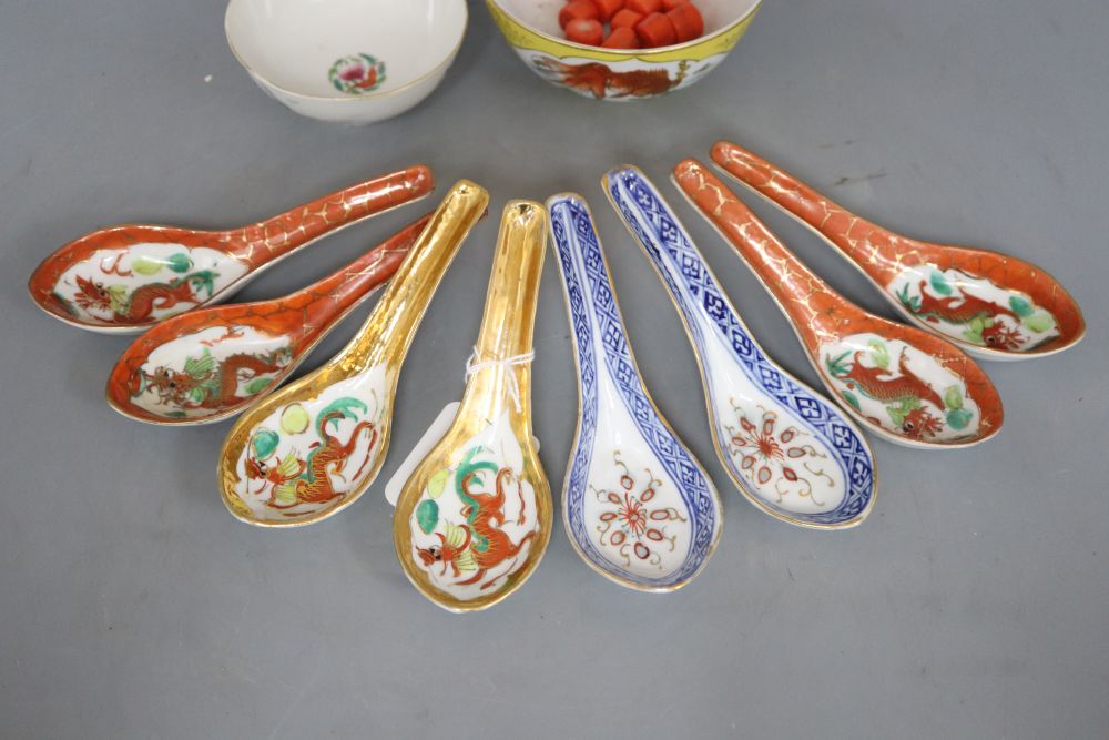 A Chinese enamel porcelain bowl, Daoguang mark and another bowl, various spoons and coral beads
